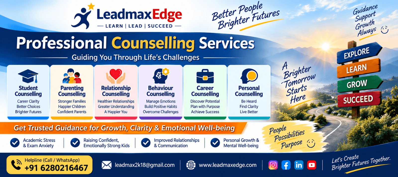 LeadmaxEdge professional counselling services for students, parents, relationships, behaviour, careers, and personal growth